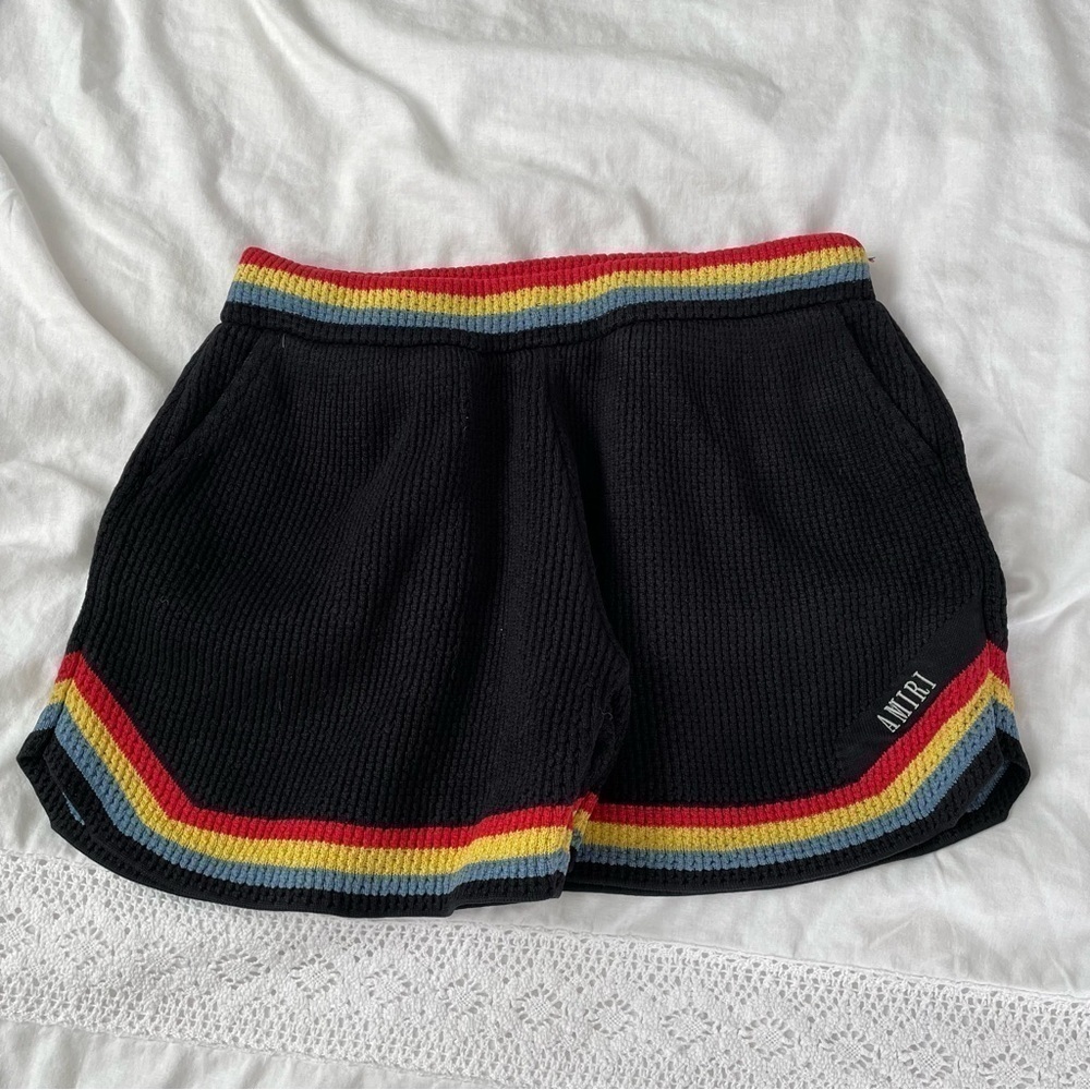 Amiri MEDIUM crochet knit shorts black rainbow band silk blend streetwear